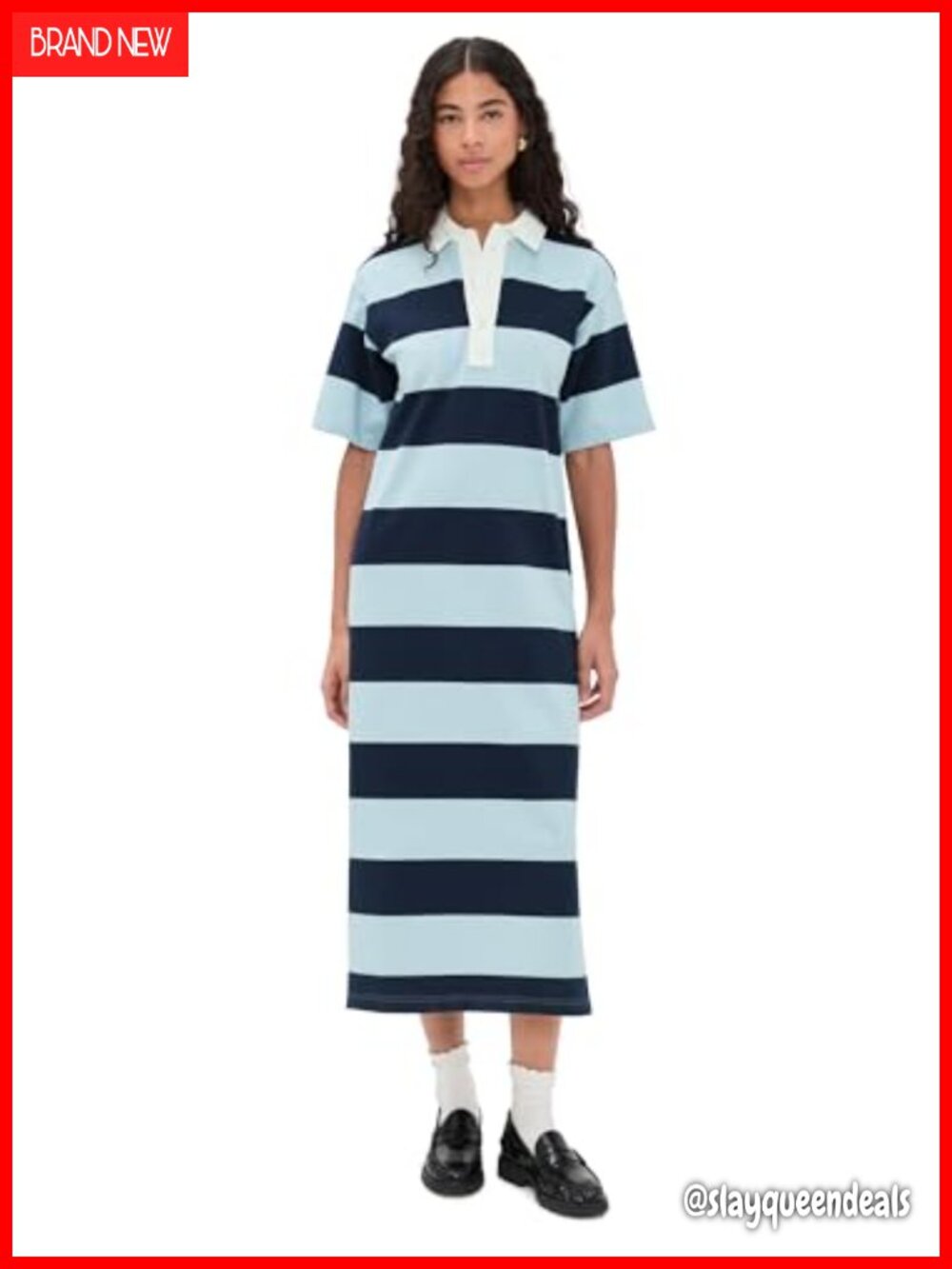 Oversized Polo Maxi Dress Short Sleeve Collared Stripe Print Casual